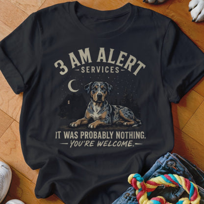 Black t-shirt with a Catahoula dog, moon, and text "3 AM Alert Services".
