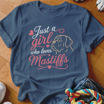 Dark blue t-shirt with "Just a girl who loves Mastiffs" text and dog outline.