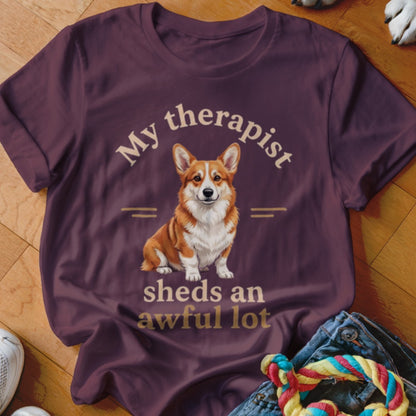 T-shirt with a corgi and text "My therapist sheds an awful lot".