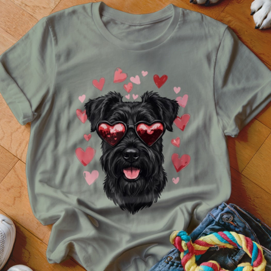 Olive green crewneck t-shirt featuring a graphic of a black dog wearing heart-shaped sunglasses surrounded by pink and red hearts.