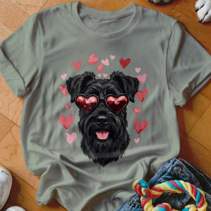 Olive green crewneck t-shirt featuring a graphic of a black dog wearing heart-shaped sunglasses surrounded by pink and red hearts.