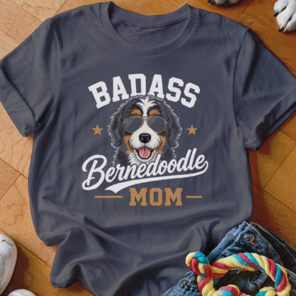 T-shirt with a Bernedoodle dog wearing sunglasses, text reads "BADASS Bernedoodle MOM".