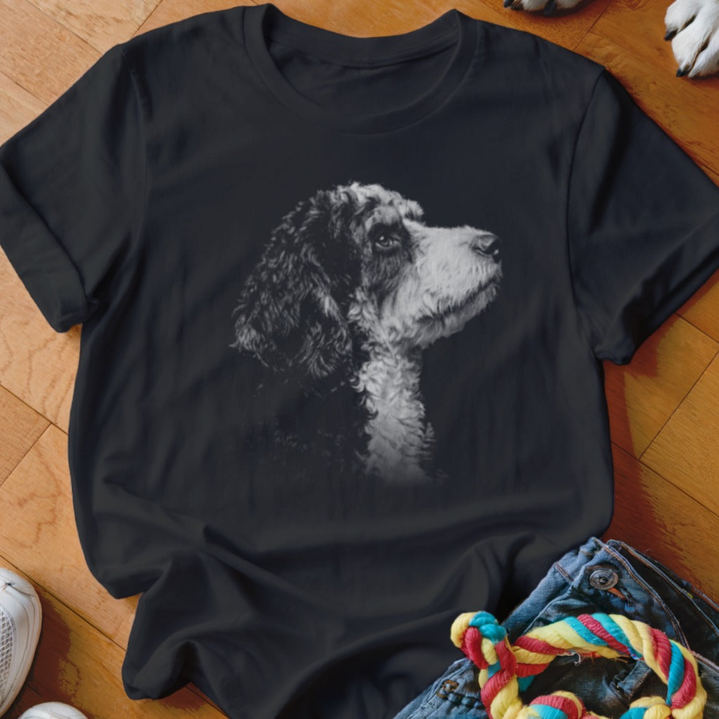 Black t-shirt with a grayscale portrait of a Bernedoodle dog on the front.