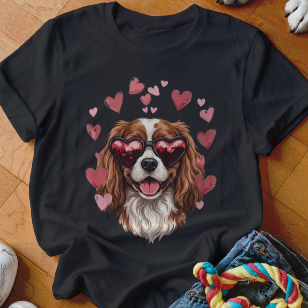 A black t-shirt features a graphic of a brown and white dog wearing heart-shaped sunglasses, surrounded by pink hearts.