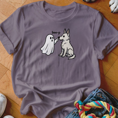Ghost with text "boo-p" touching nose of white dog.