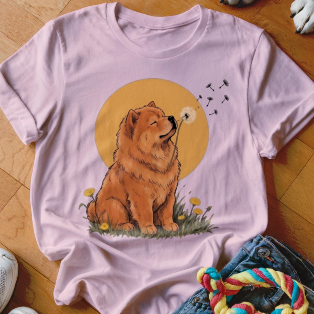 Light pink t-shirt featuring an illustration of a fluffy brown dog blowing dandelion seeds.