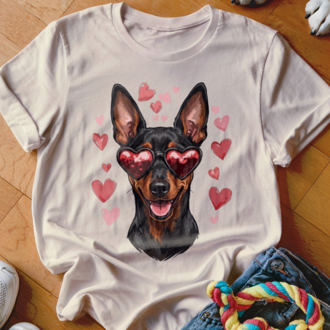 Light-colored t-shirt featuring a graphic of a Doberman wearing heart-shaped sunglasses surrounded by pink hearts.