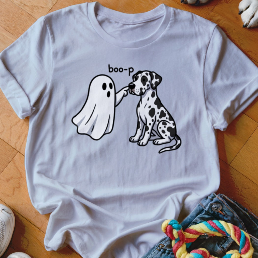 White t-shirt graphic: a ghost booping a Dalmatian dog with the text "boo-p".