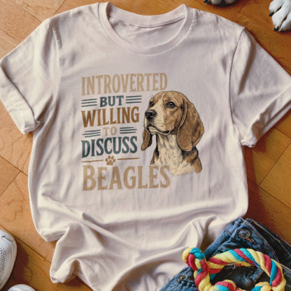 T-shirt with beagle illustration and text "Introverted but willing to discuss beagles".