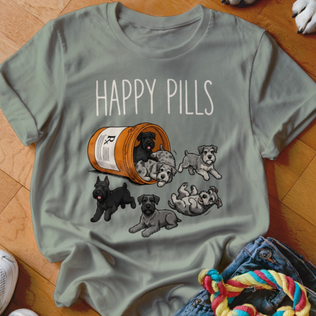 T-shirt with "Happy Pills" text and cartoon schnauzers spilling from a pill bottle.