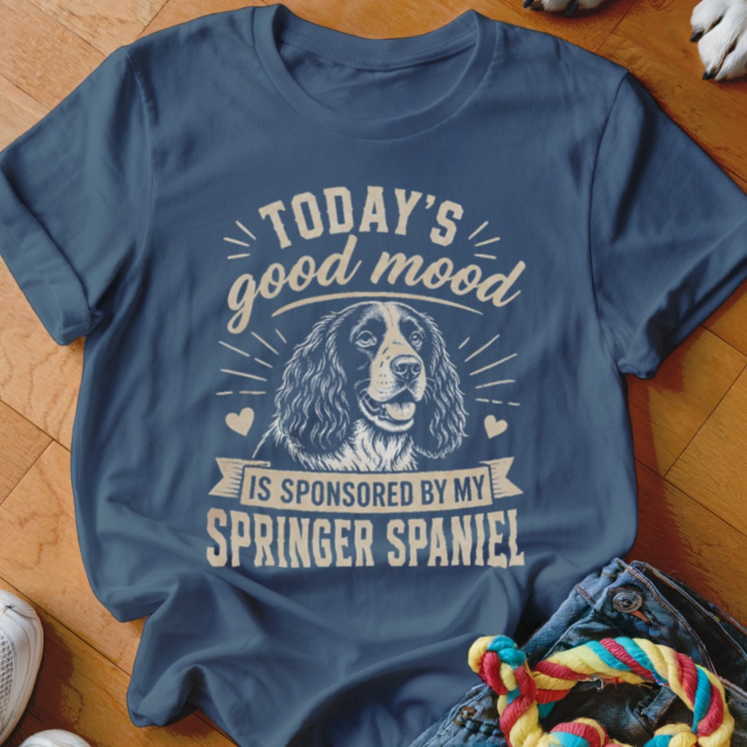 Blue t-shirt with "Today's good mood is sponsored by my Springer Spaniel" text and dog portrait.