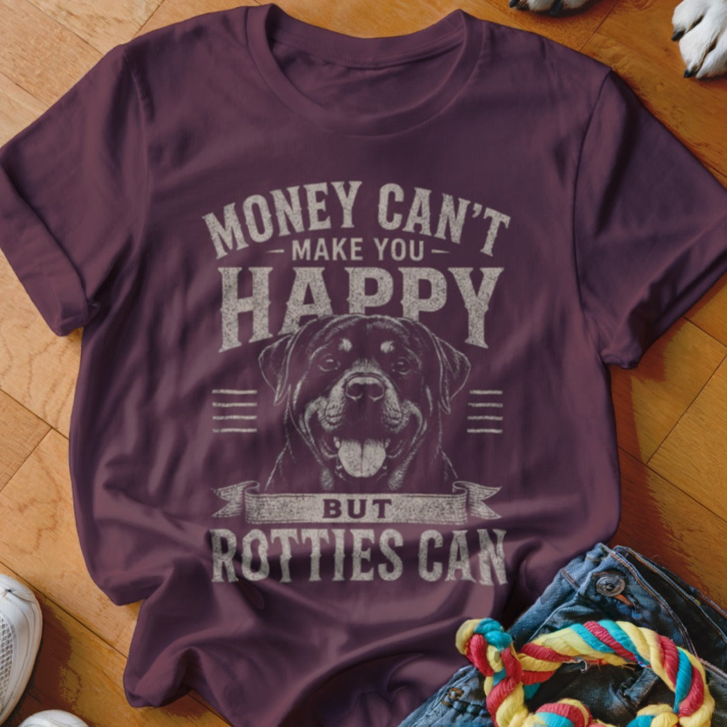 Maroon t-shirt with Rottweiler graphic and text "Money can't make you happy but Rotties can".
