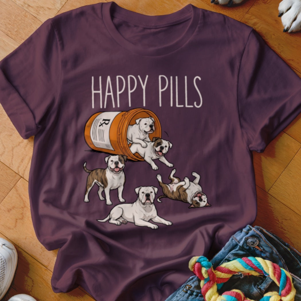 T-shirt with "Happy Pills" text and several American Bulldogs spilling from a pill bottle.