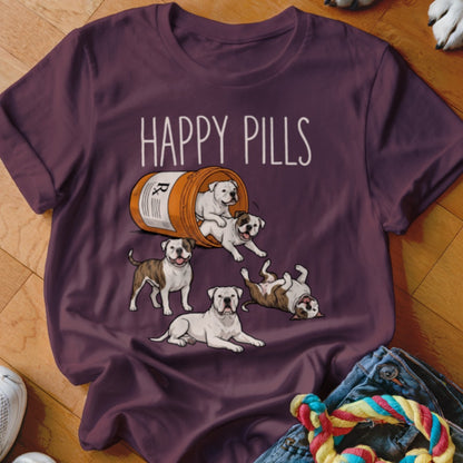 T-shirt with "Happy Pills" text and several American Bulldogs spilling from a pill bottle.