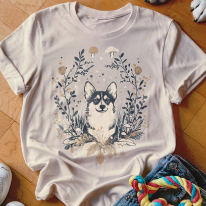 Cream t-shirt with a black and white corgi surrounded by floral and mushroom illustration.