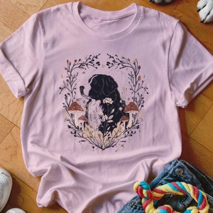 Light pink t-shirt featuring a graphic of a Bernese Mountain Dog surrounded by botanical elements and mushrooms.