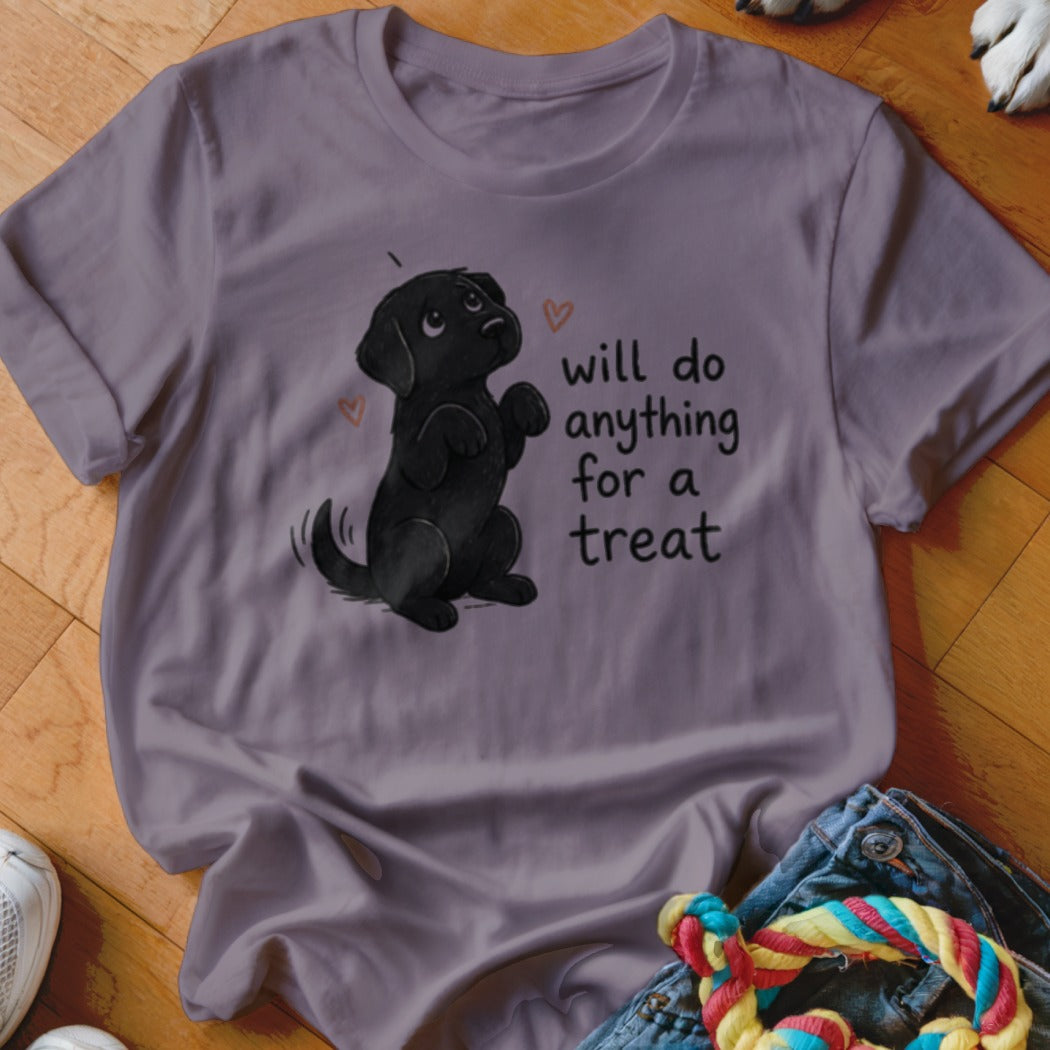 T-shirt with a black labrador puppy graphic and text "will do anything for a treat".