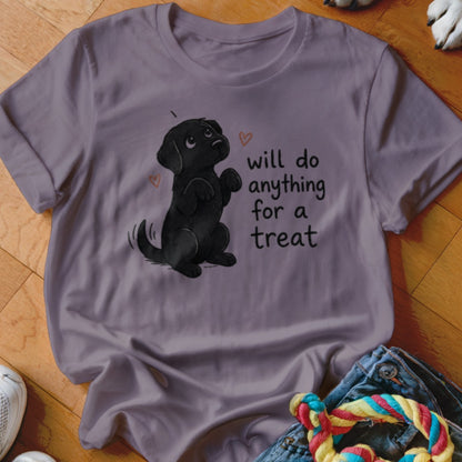 T-shirt with a black labrador puppy graphic and text "will do anything for a treat".
