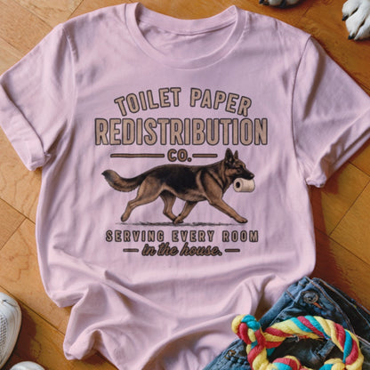 German Shepherd carrying toilet paper with "Toilet Paper Redistribution Co." text.