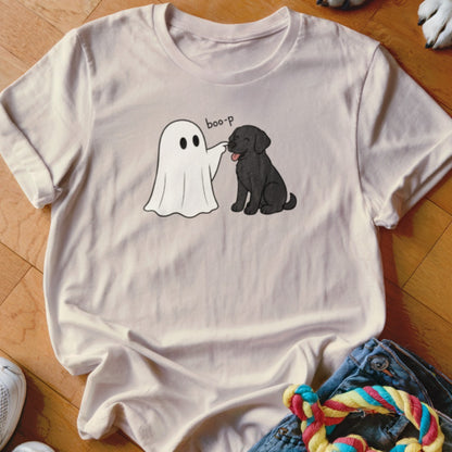 T-shirt with ghost booping a black lab, text "boo-p"