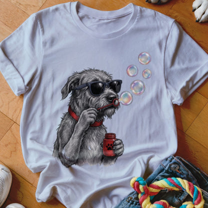 A white crewneck t-shirt features a graphic of a grey dog wearing sunglasses and blowing bubbles.