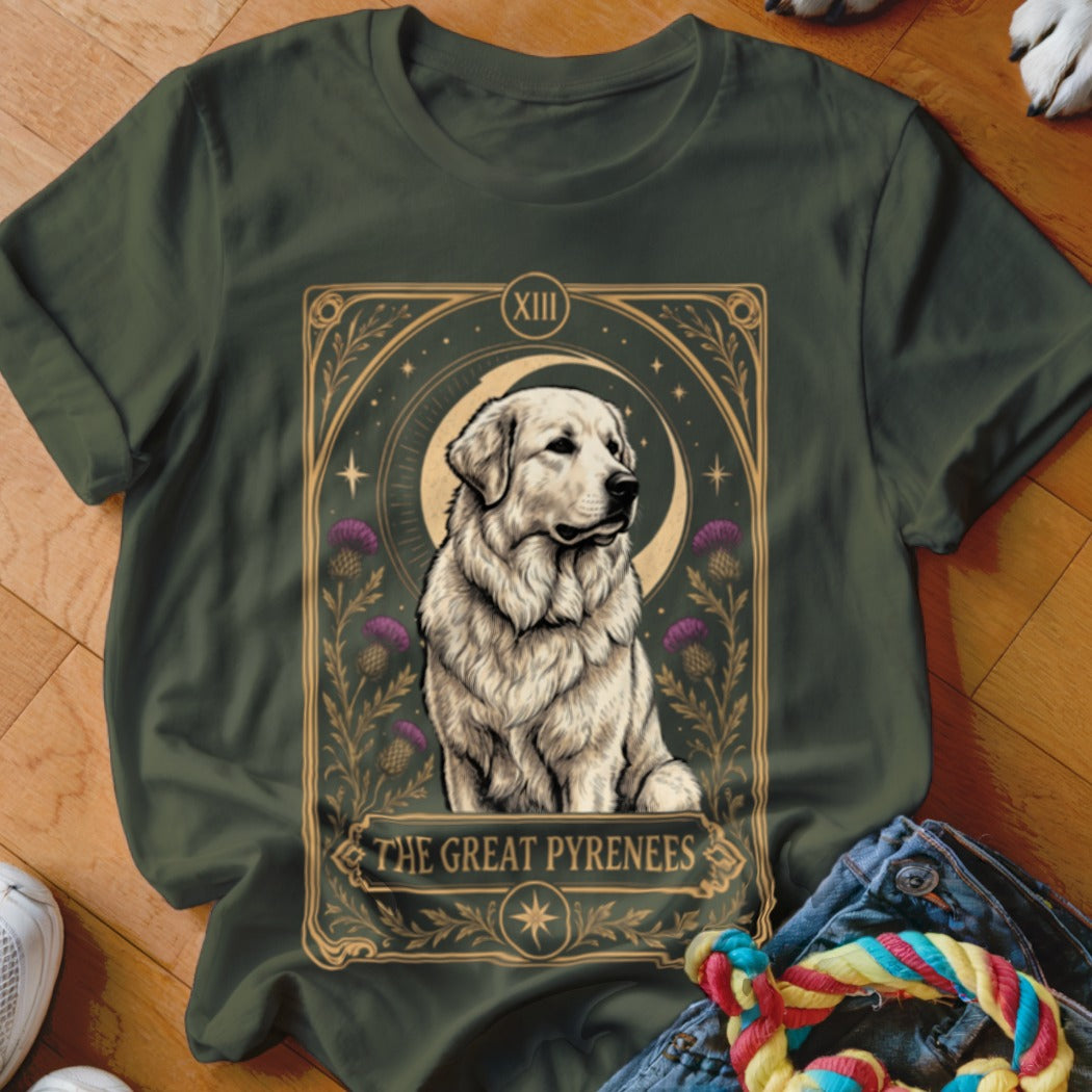 Dark green t-shirt featuring a tarot card style graphic of a Great Pyrenees dog with thistles and a moon.
