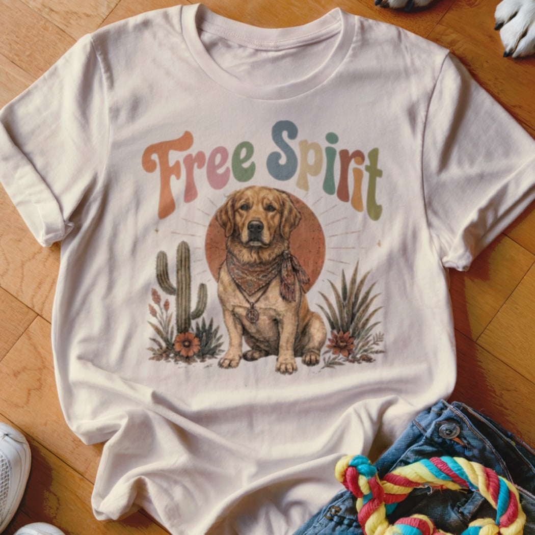 White t-shirt with a golden retriever wearing a bandana and "Free Spirit" text.