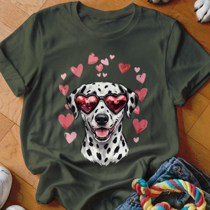 Dark green t-shirt featuring a Dalmatian wearing heart-shaped sunglasses surrounded by pink hearts.