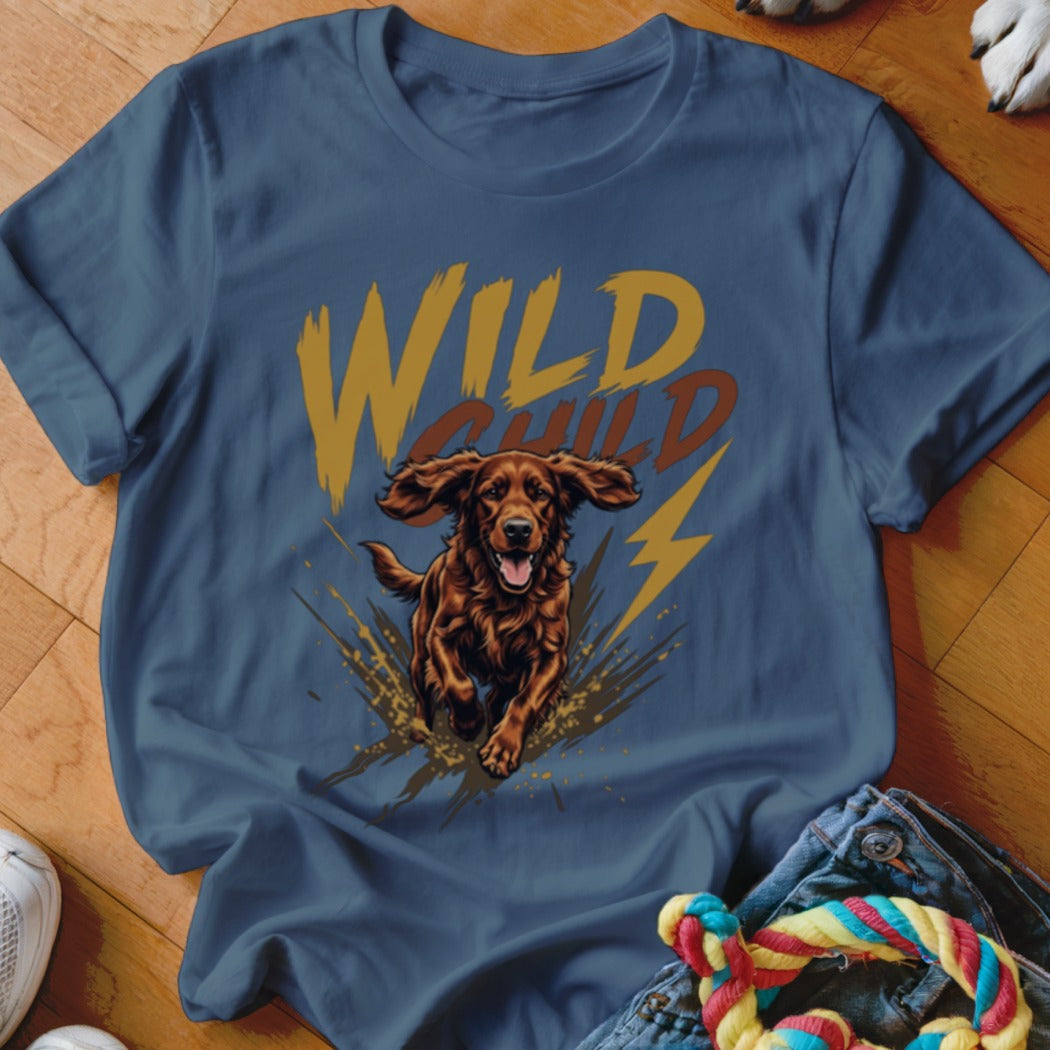 A blue crewneck t-shirt featuring a graphic of a running brown dog and the text WILD CHILD.