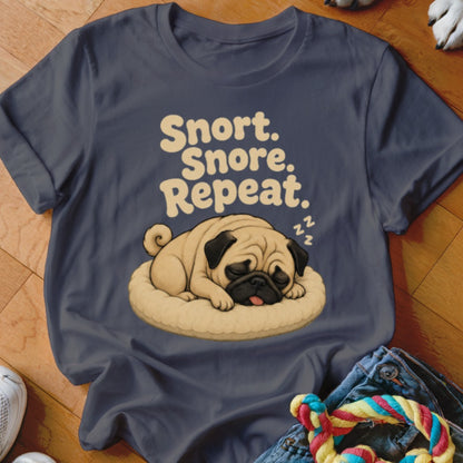 T-shirt with a sleeping pug graphic and "Snort. Snore. Repeat." text.