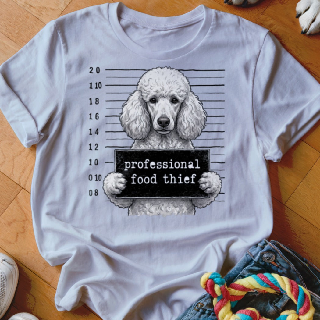White t-shirt with poodle mugshot graphic reading "professional food thief."