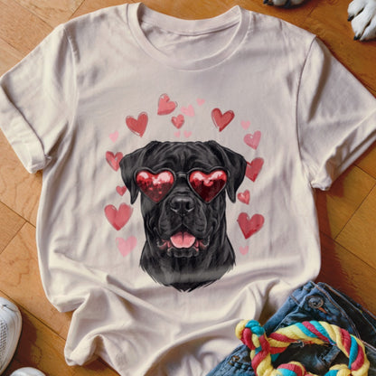 Light-colored t-shirt featuring a graphic of a black dog wearing heart-shaped sunglasses, surrounded by pink hearts.
