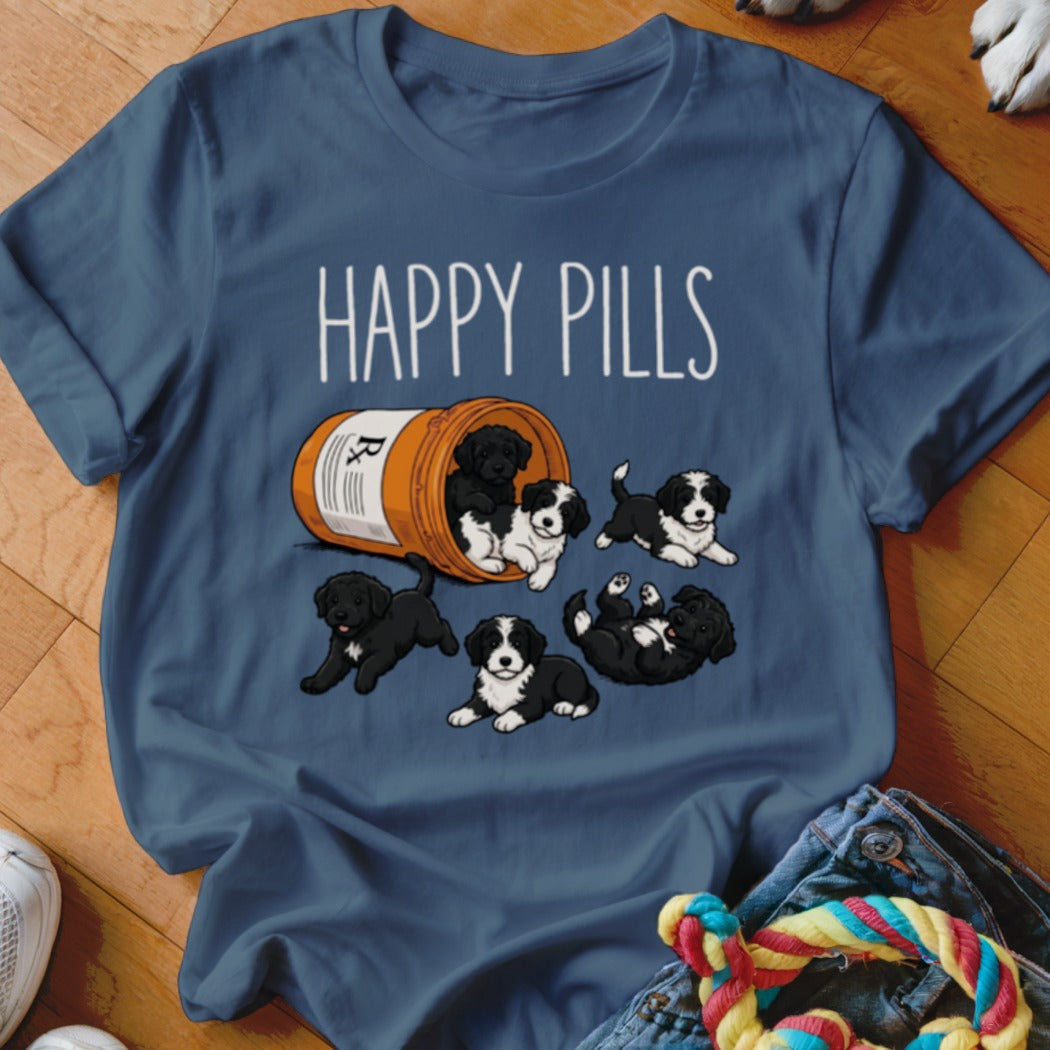 Puppies spilling from a prescription bottle with text "HAPPY PILLS".