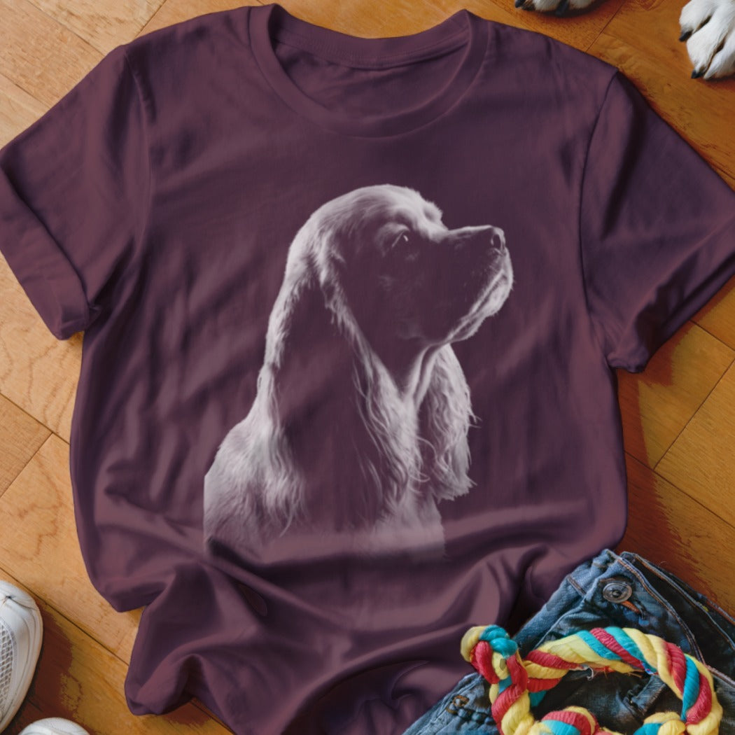 Burgundy t-shirt with a grey Cocker Spaniel portrait graphic.