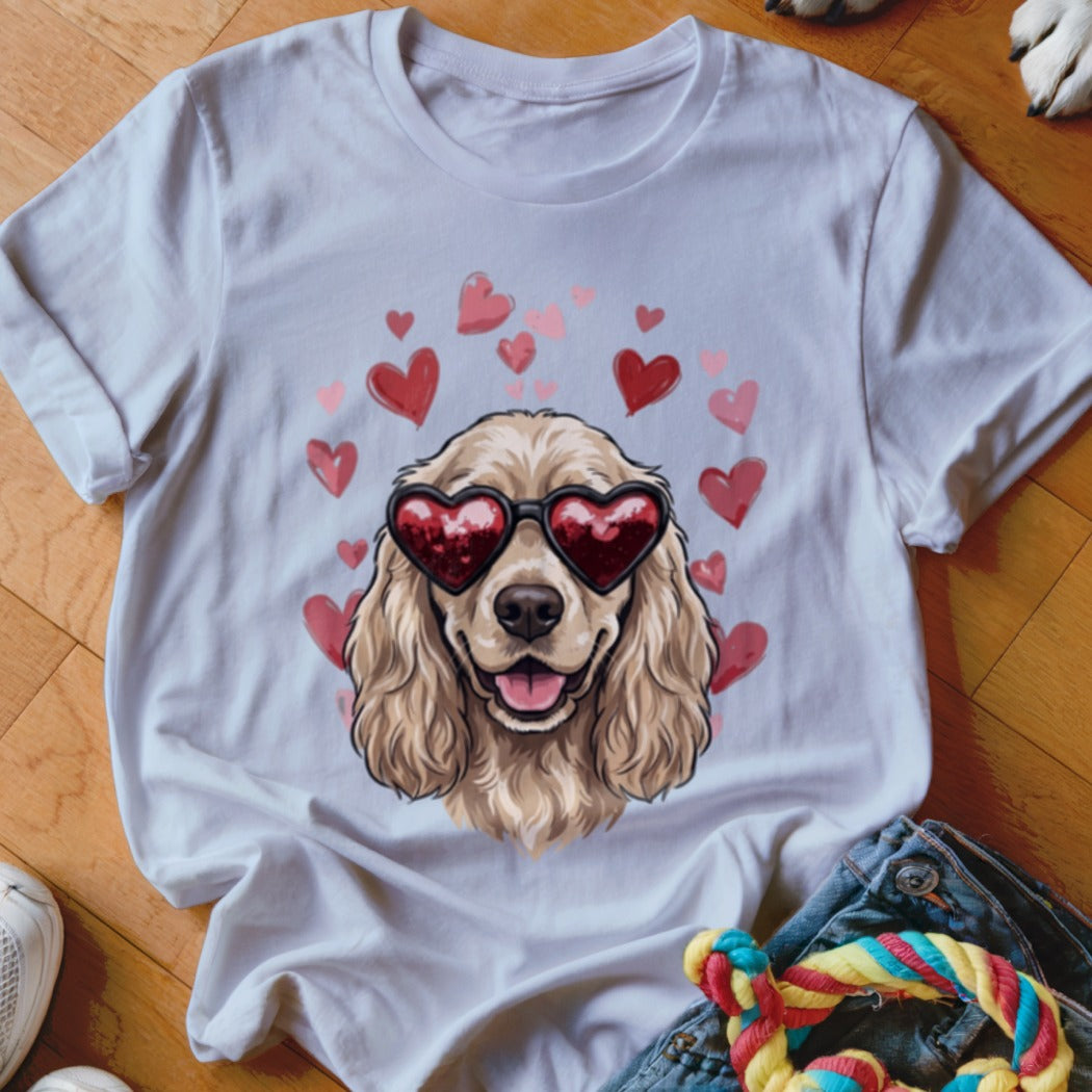 A white t-shirt featuring an illustration of a blonde dog wearing heart-shaped sunglasses surrounded by red hearts.