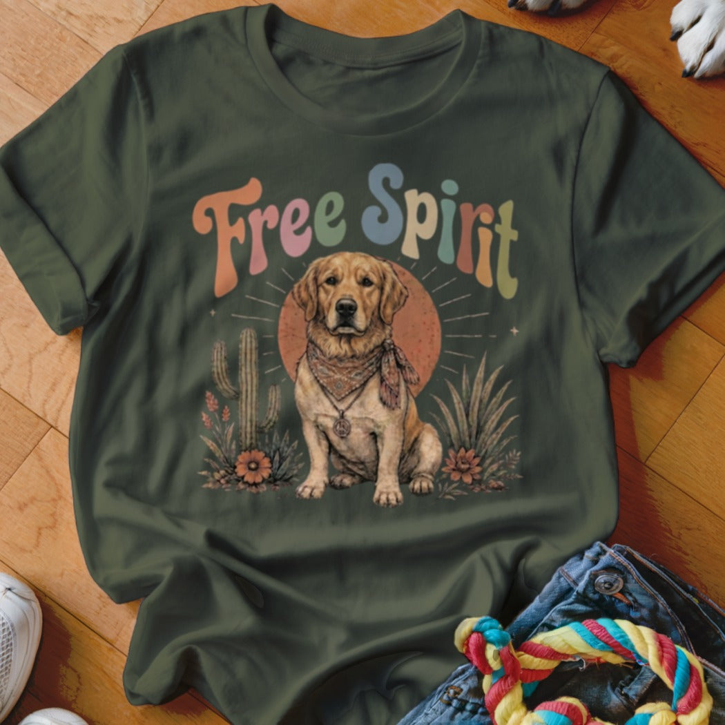 Golden Retriever wearing bandana with "Free Spirit" text and desert scene.
