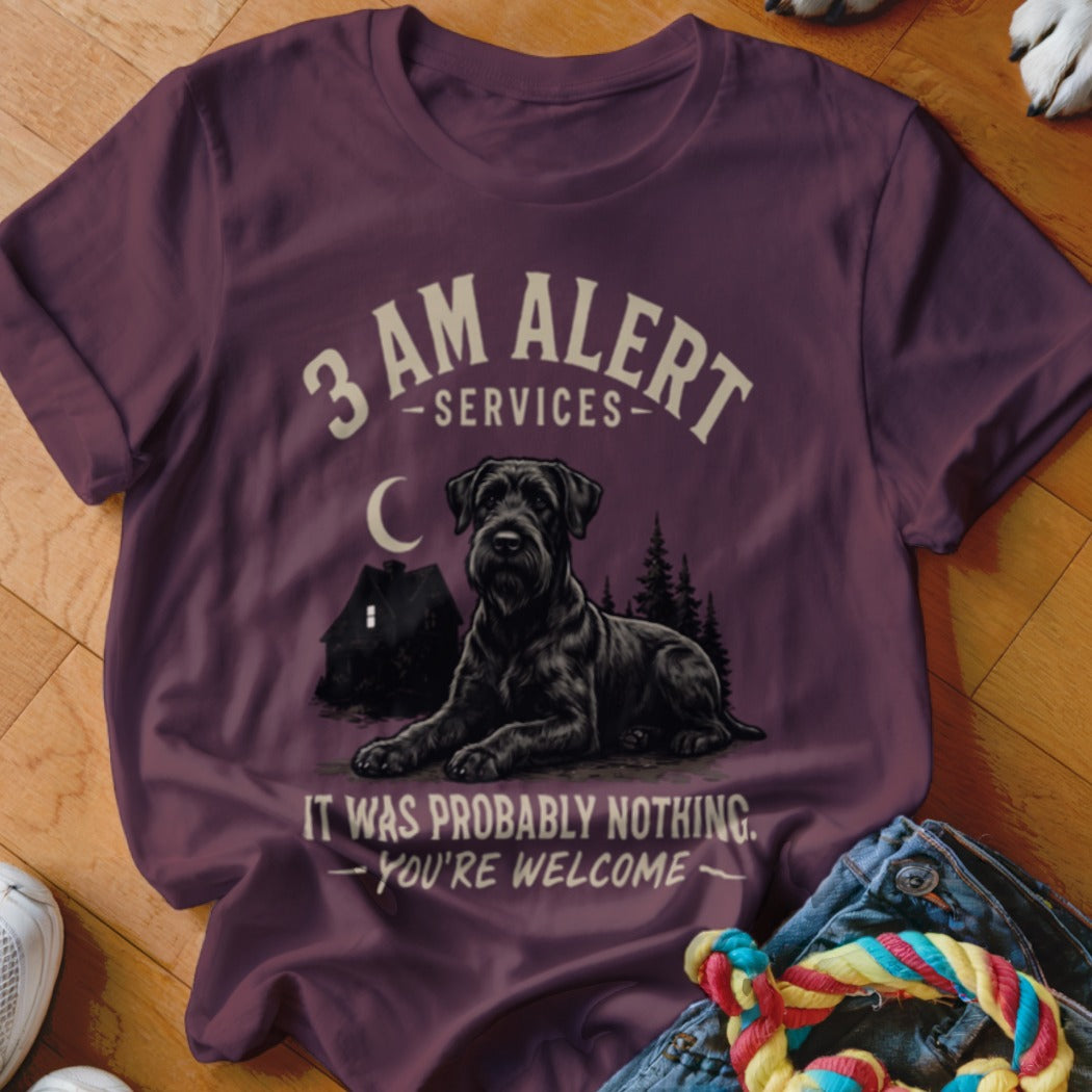 Black dog on maroon shirt with text "3 AM Alert Services" and "It was probably nothing."