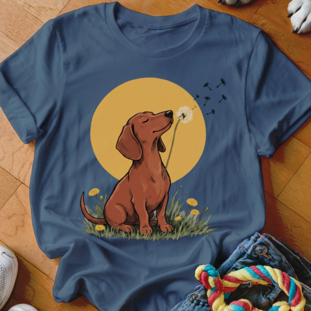 A blue t-shirt featuring an illustration of a brown dachshund blowing a dandelion against a yellow circle.