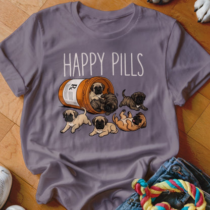 Mastiff puppies spill out of a pill bottle with "HAPPY PILLS" text.