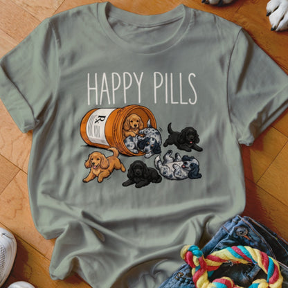 Puppies spill out of a pill bottle with "HAPPY PILLS" text above.