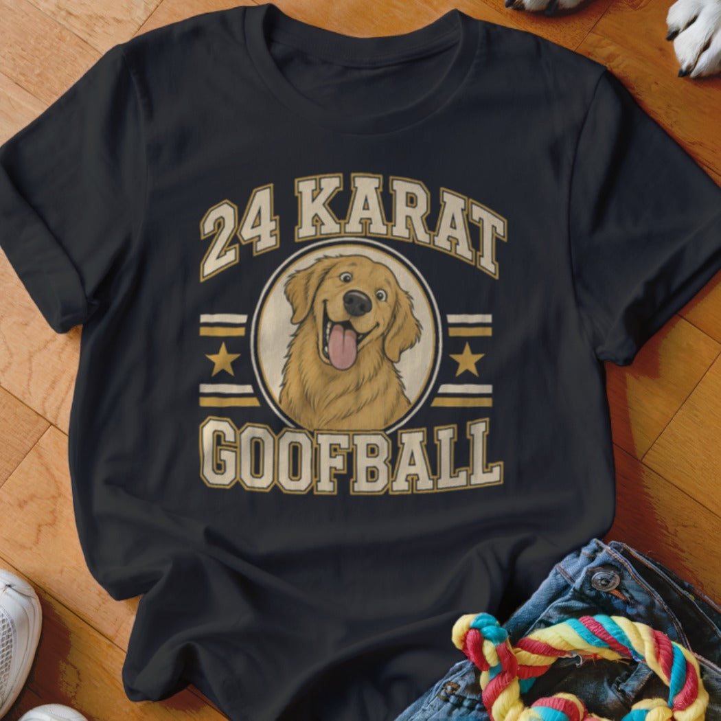 Black t-shirt featuring a graphic of a golden retriever and the text 24 Karat Goofball.