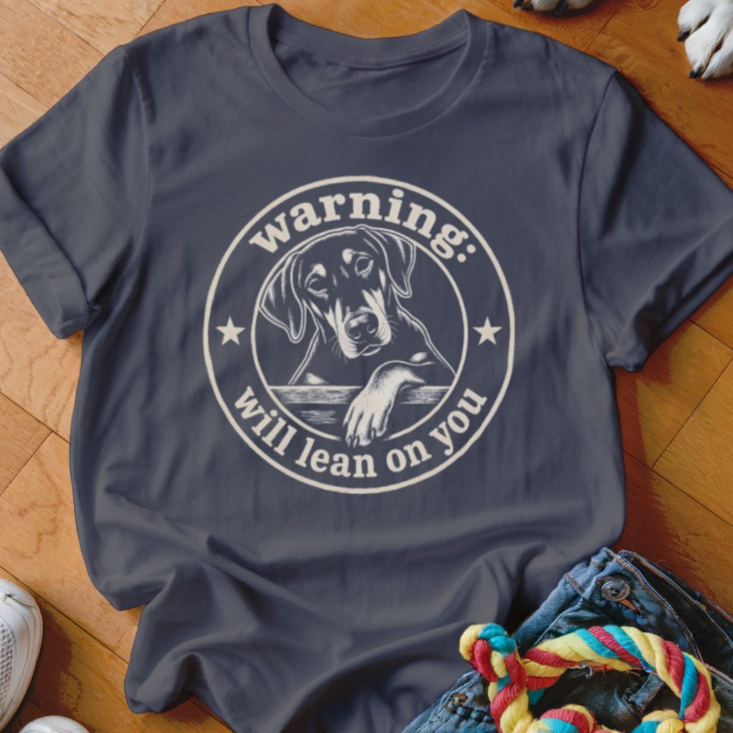 Dark blue t-shirt with white graphic of a Doberman dog and text "warning: will lean on you."