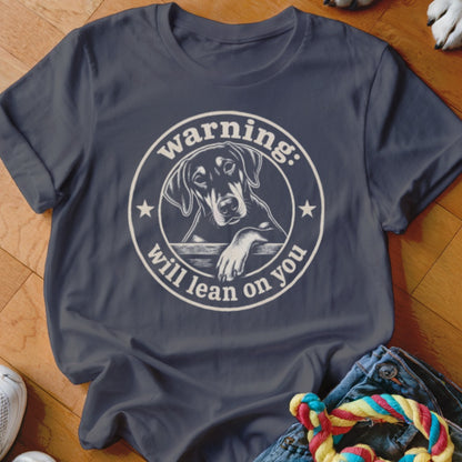 Dark blue t-shirt with white graphic of a Doberman dog and text "warning: will lean on you."