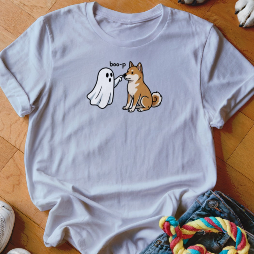 White t-shirt with a Shiba Inu booping a ghost, text says "boo-p".