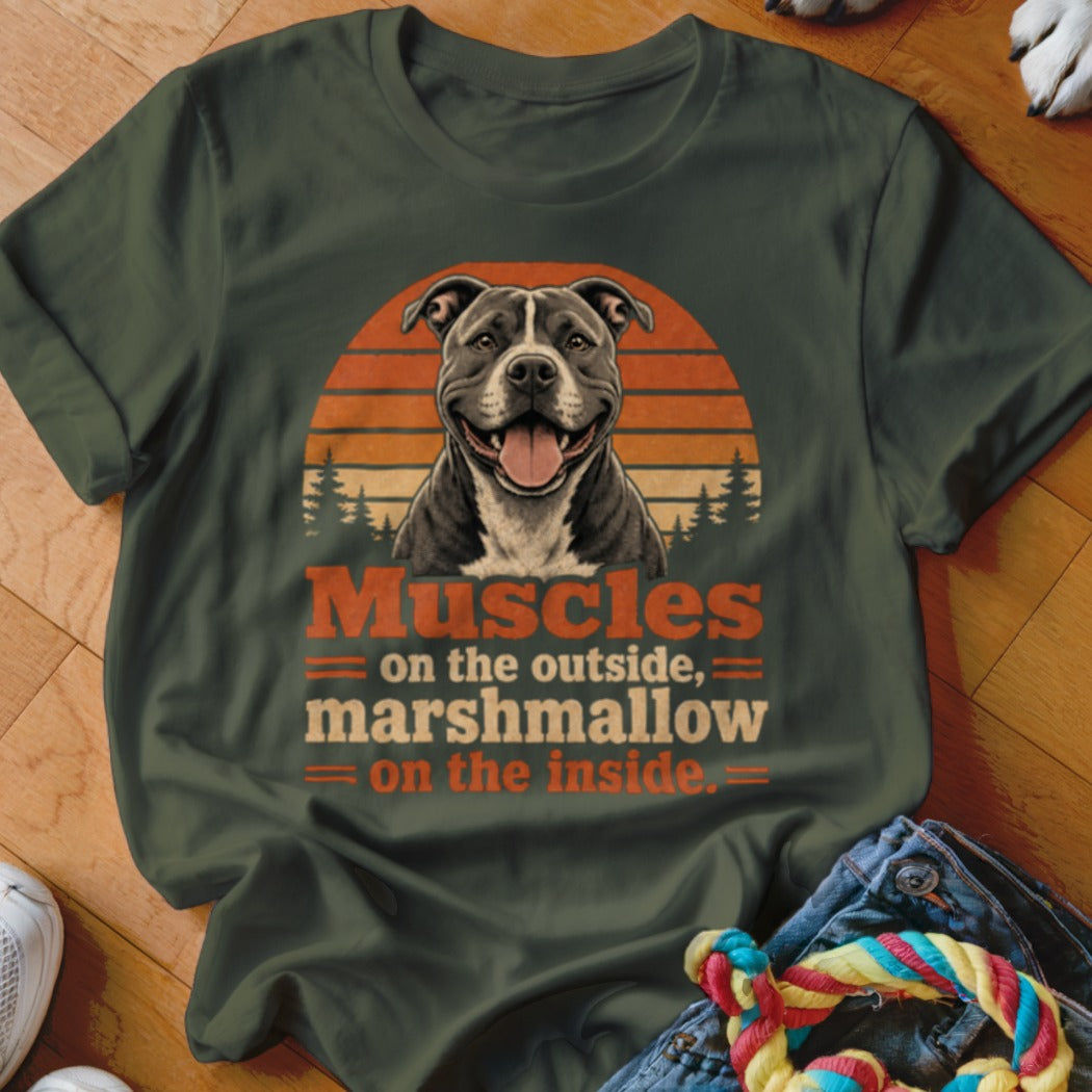 Pit bull dog with text "Muscles on the outside, marshmallow on the inside."