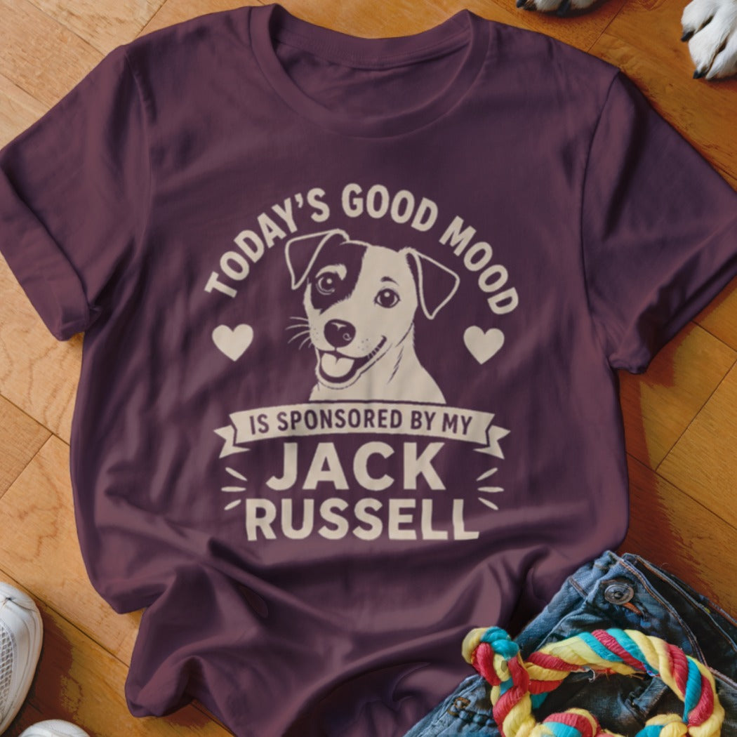 Maroon t-shirt with Jack Russell illustration and text "Today's good mood is sponsored by my Jack Russell."