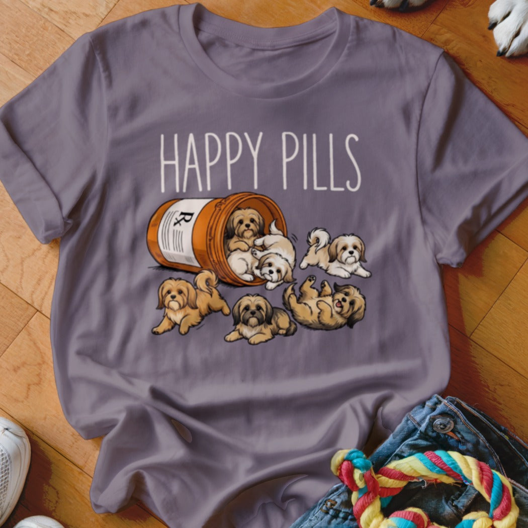 Purple t-shirt with "HAPPY PILLS" text and cartoon Shih Tzus spilling from a pill bottle.