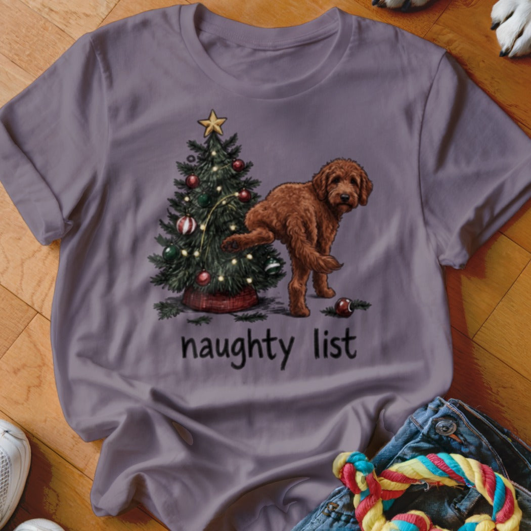 Brown dog marking a Christmas tree with text "naughty list".