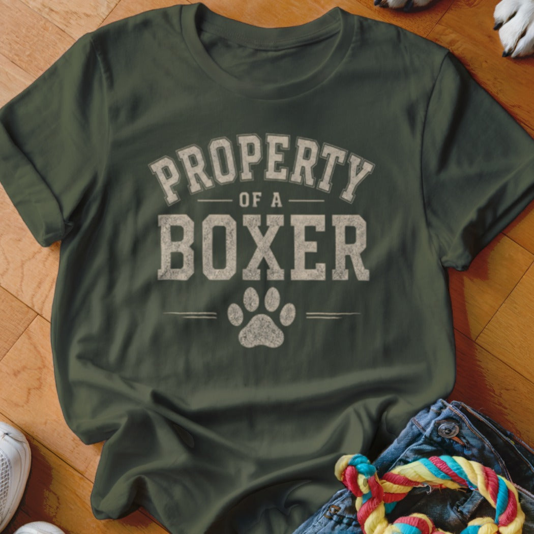 Green t-shirt with distressed text "Property of a Boxer" and paw print.