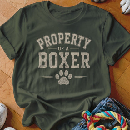 Green t-shirt with distressed text "Property of a Boxer" and paw print.